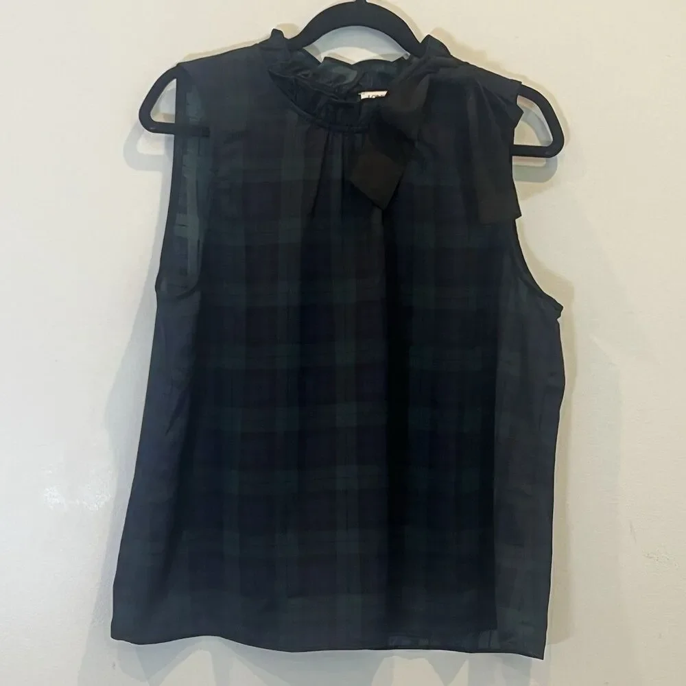 J. Crew NWT Green Plaid Ruffle Neck Sleeveless Bow Top Holiday Blouse Satin L